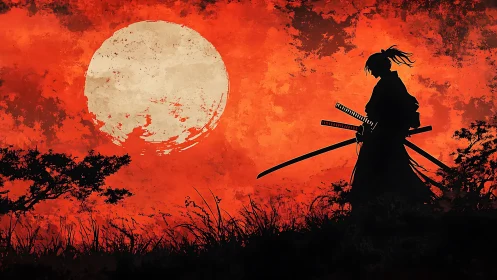 Silhouetted samurai figure before large pale moon at dusk.