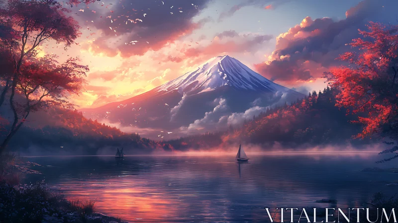 Glowing sunset embraces snowy mountain and quiet lake