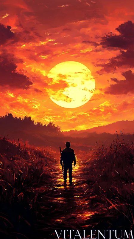 Lone wanderer walks a molten sunset road toward tomorrow.