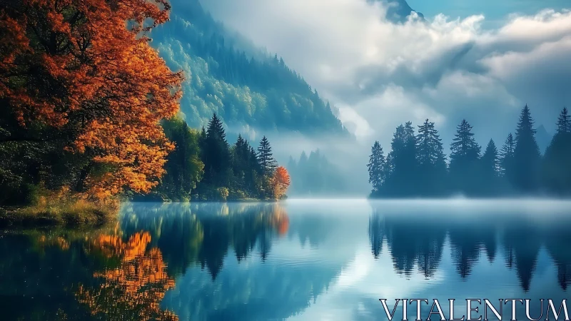 Misty mountain lake with autumn forest reflections at dawn.