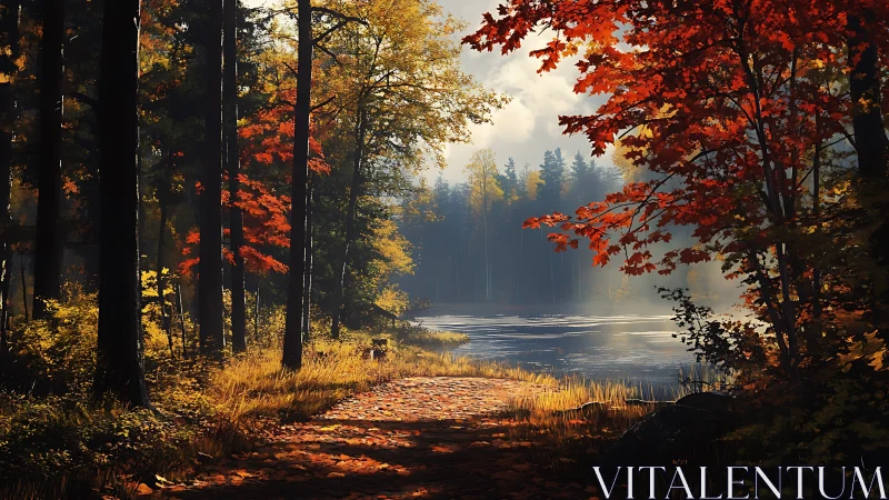 Autumn forest landscape with calm lake and fall foliage