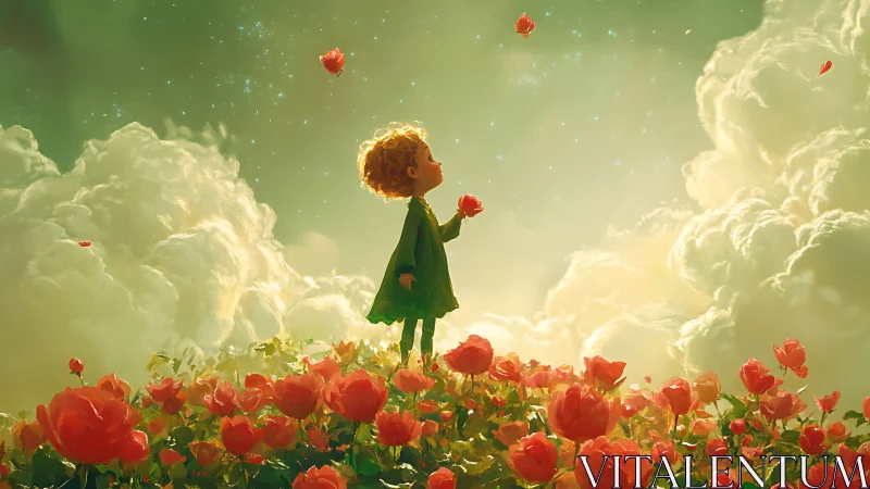 Child stands in rose field beneath glowing sky and clouds