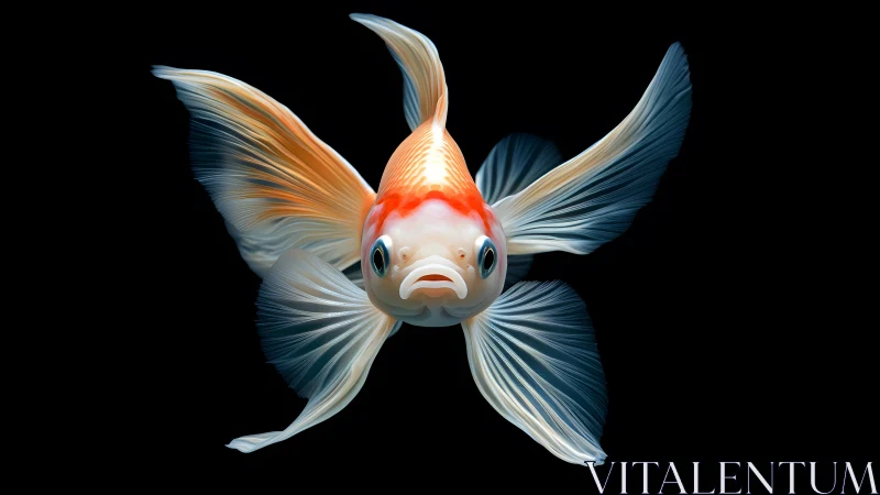 Elegant goldfish with flowing fins in high detail on black background.