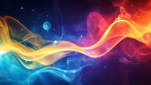 Glowing ribbons of color drift gently through a cosmic sky