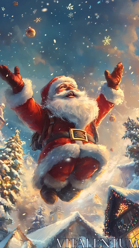 Joyful Santa soars above snowy village under glowing snowfall