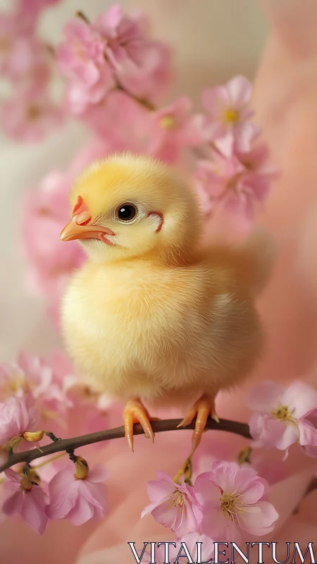 Yellow Chick Perched Among Blooming Pink Flowers in Soft Focus Composition