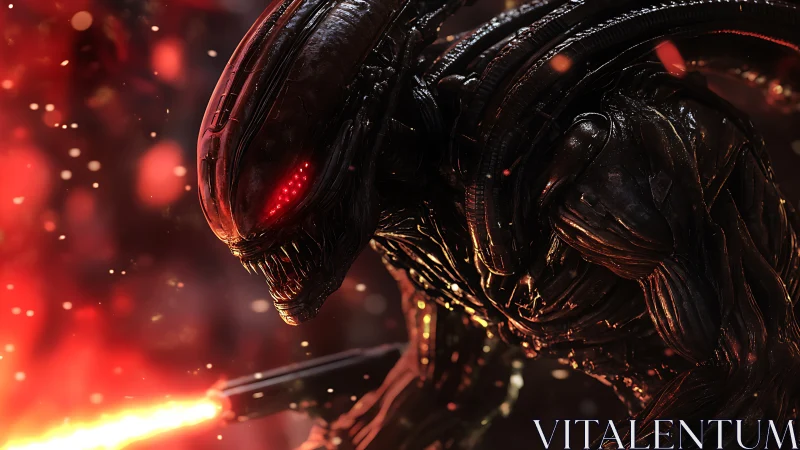 Fierce biomech alien warrior glowing in molten red light.