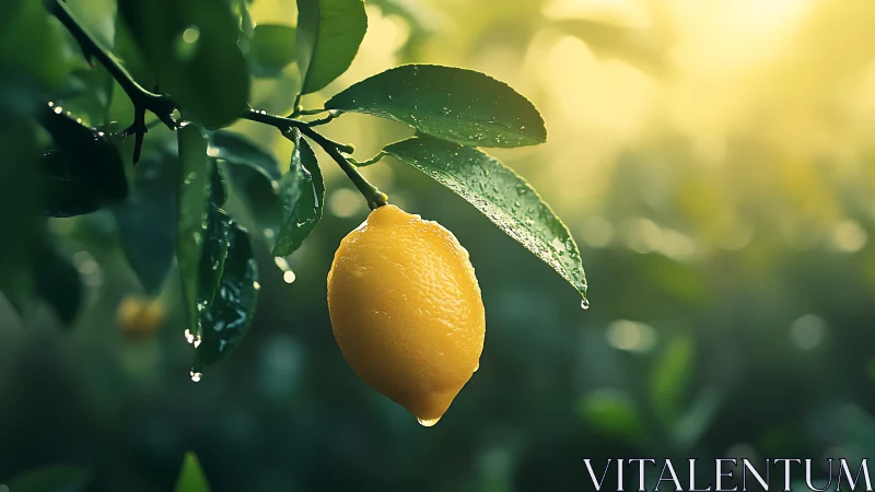 Single lemon on branch with dewdrops in soft backlight.