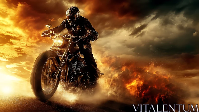 Motorcyclist riding through smoke under dramatic sky.
