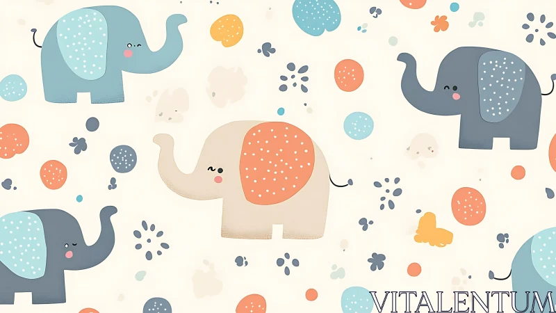 Playful pastel elephant pattern with scattered polka dots.