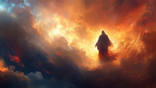 Luminous wanderer steps through a storm of burning clouds.