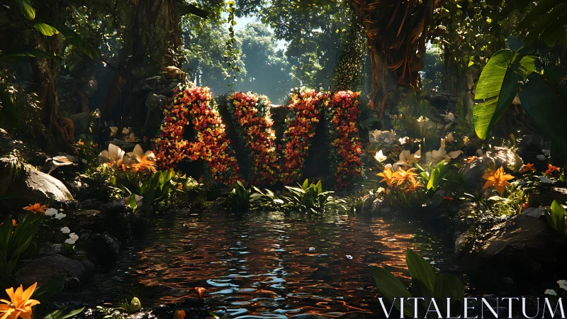 Floral AI letter sculpture glows beside reflective jungle pond