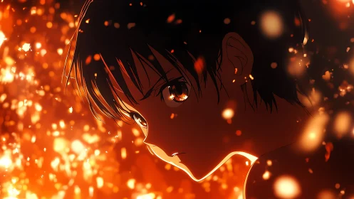 Intense anime profile framed by blazing amber bokeh embers.