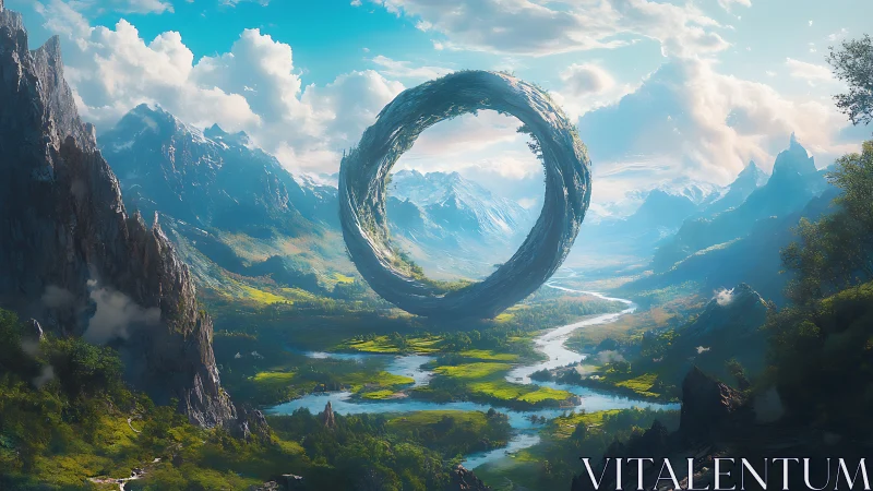 Levitating stone torus above alpine valley river system