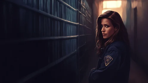 Female prison guard stands in dark cell corridor, watchful.