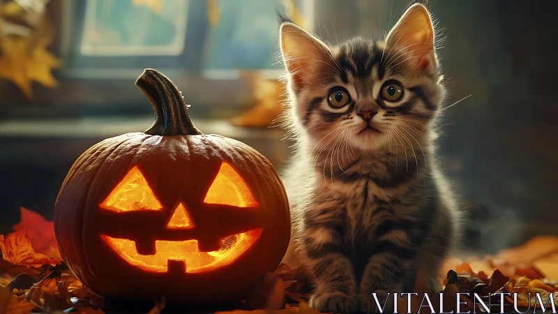 Tabby kitten positioned alongside illuminated jack-o-lantern pumpkin.
