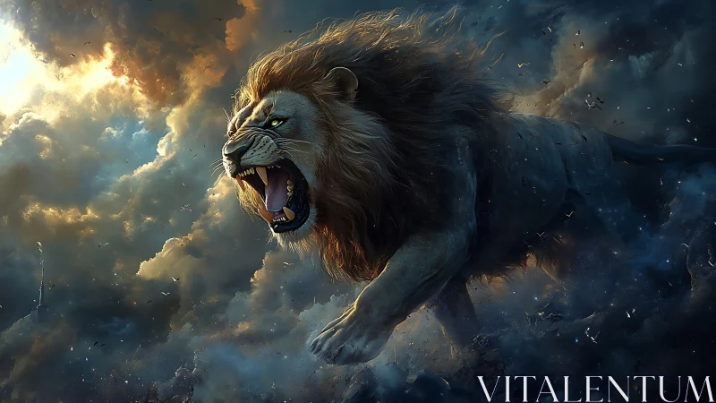 Majestic lion roars through storm-lit celestial clouds