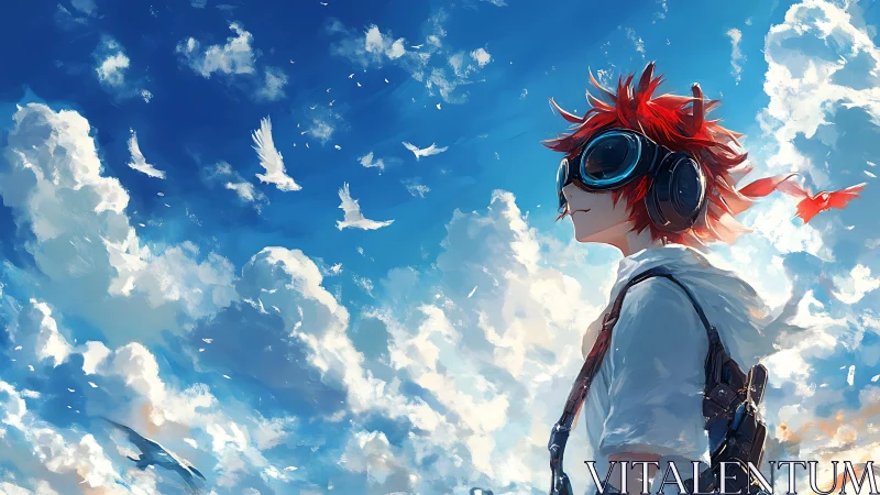 Red-haired sky dreamer gazes upward amid soaring birds.