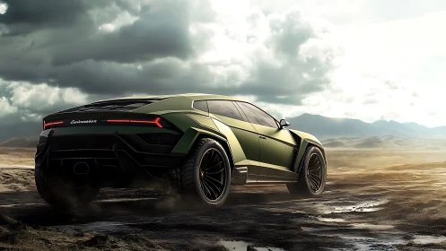 Desert-ready green super SUV powers across muddy wasteland