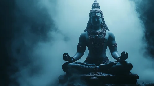 Stone Shiva figure seated in meditation amid diffuse mist.
