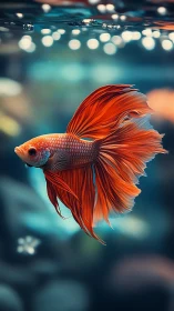 Vibrant red betta fish glides through softly lit aquarium.