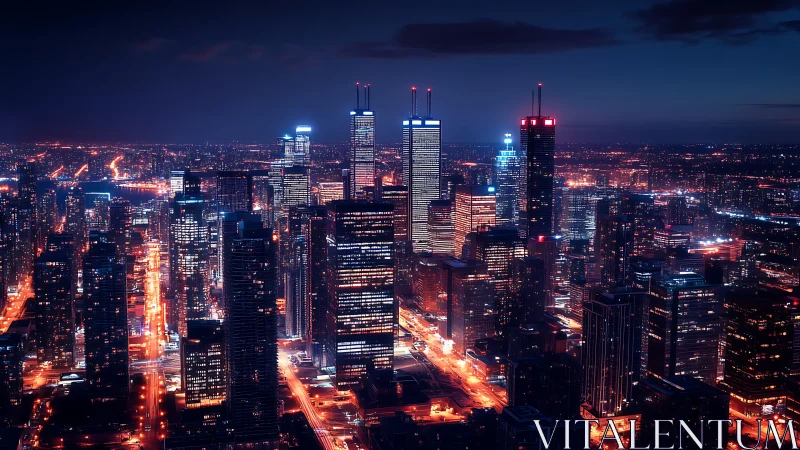 High-rise city skyline at night with illuminated streets.