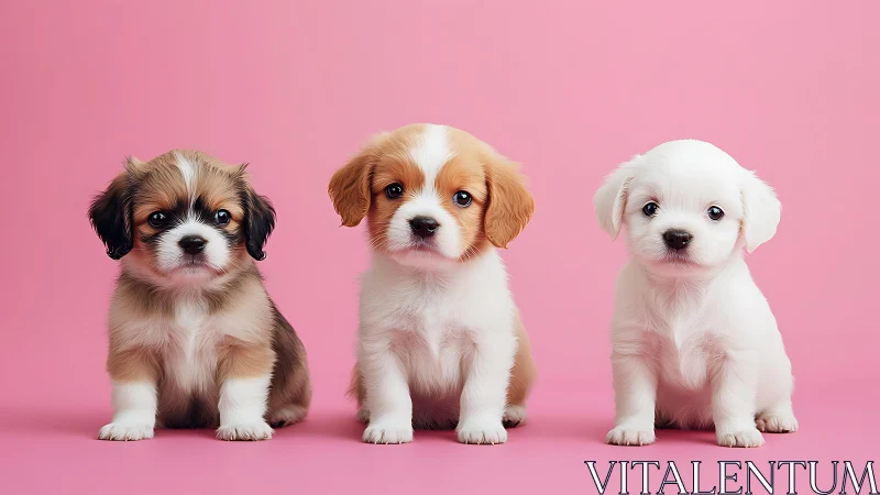 Three small puppies sit aligned against pastel pink backdrop