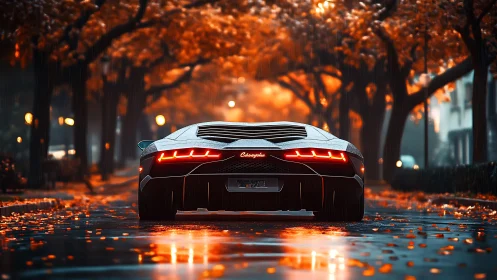 Supercar rear view in cinematic rainy autumn boulevard.