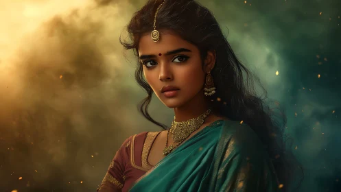 Young woman in traditional attire is lit by contrasting light