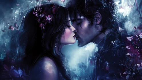 Ethereal embrace. Lovers kiss amid cosmic floral realm.