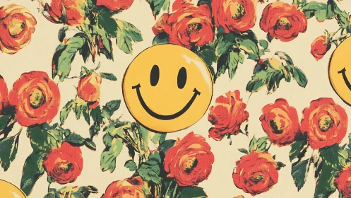 Smiley face overlays stylised red rose pattern on pale ground