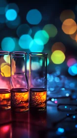 Luminous test tubes capture bokeh light in saturated laboratory scene