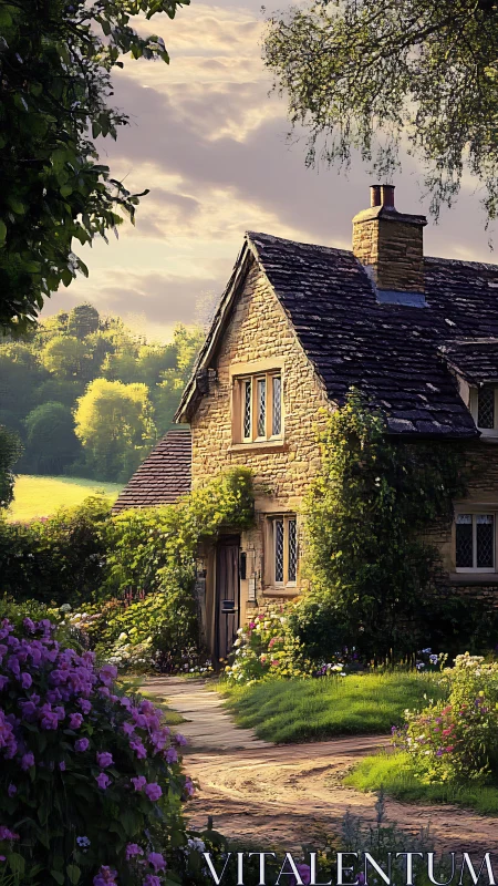 Sunlit stone cottage nestles in lush blooming countryside garden.