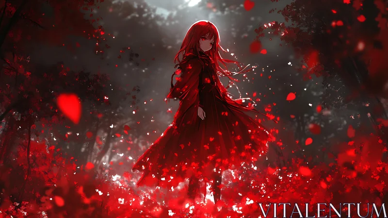Red haired girl wandering through a dreamlike scarlet forest.