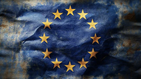 Aged European Union banner with distressed textile topology.