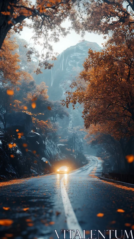 Car on wet mountain road amid dense autumn foliage at dusk.