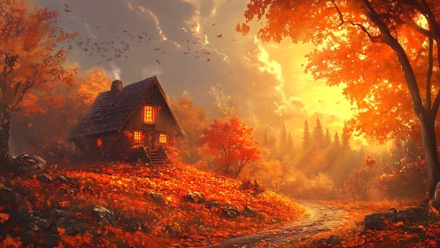 Golden autumn cottage where evening light lingers long.
