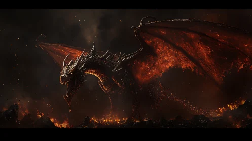 Volcanic dragon over burning landscape in dark setting.