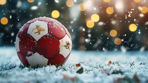 Snow-dusted red football waits on a wintry festive field