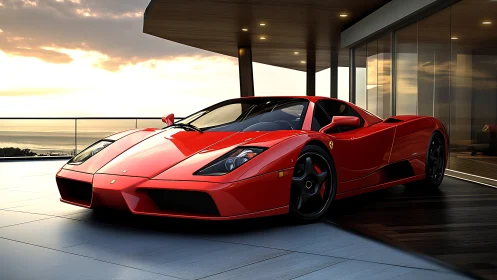 Sunset glow on a sleek red supercar by modern glass home.
