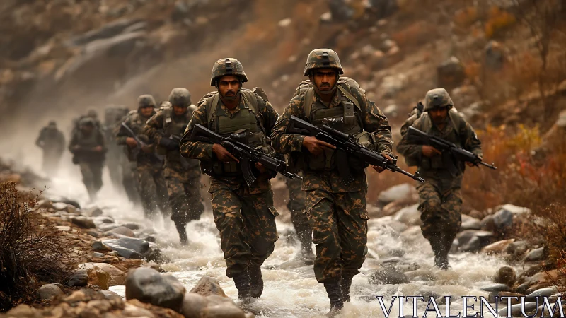 Infantry squad advances through rocky mountain stream under fire.