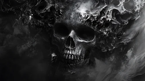 Ebon skull tempest swirling from shadowed cosmic smoke.