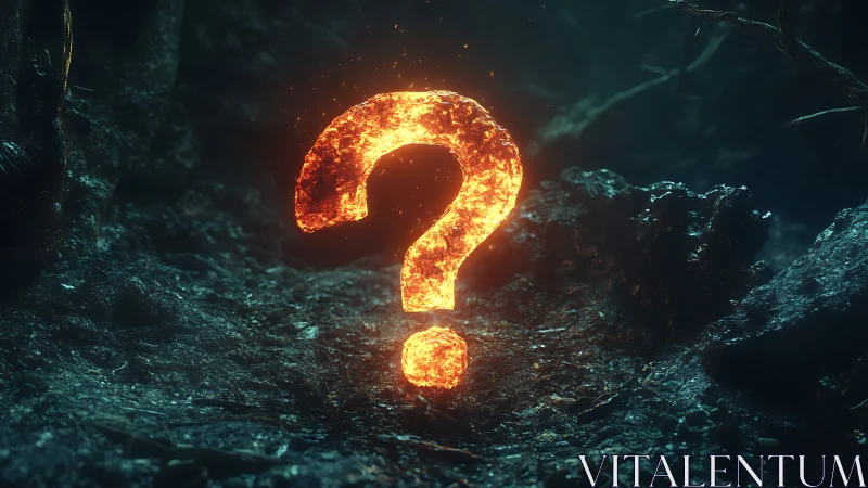 Glowing molten question mark gently lights a shadowy path