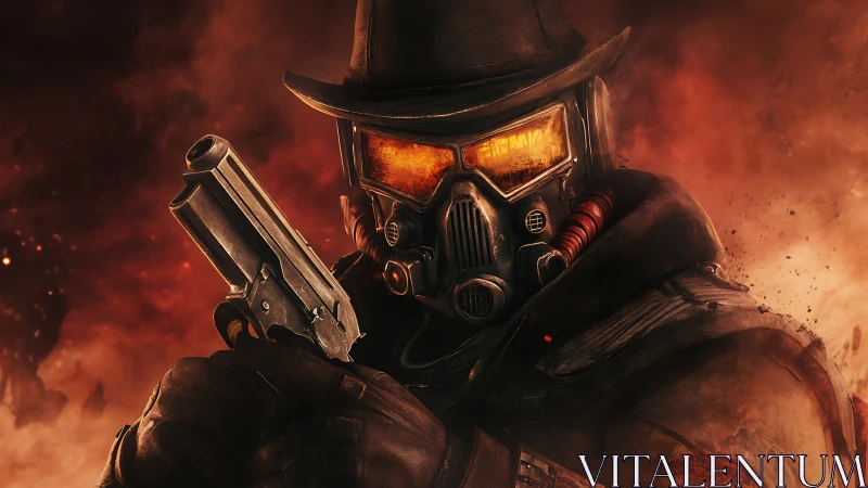 Armored gunslinger stands amid burning post apocalyptic wasteland