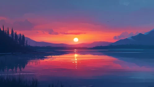 Sunset over distant mountains reflected on calm lake surface.