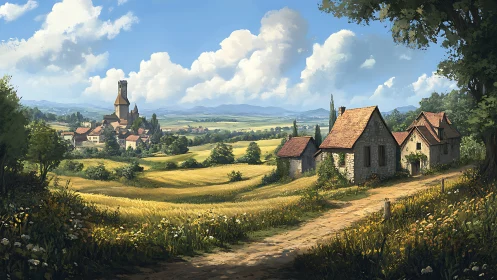 Stone cottages overlook distant village across wheat fields