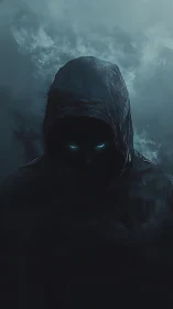 Hooded dark figure with luminous eyes emerges from shadow