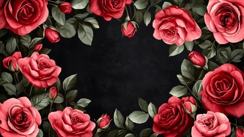 Red Roses on Black Background Floral Frame.