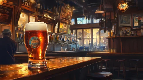 Backlit amber beer glass anchors warm, tap-lined pub interior