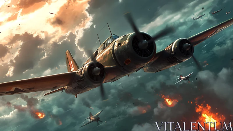 Twin‑engine attack aircraft in dynamically lit air combat theatre.